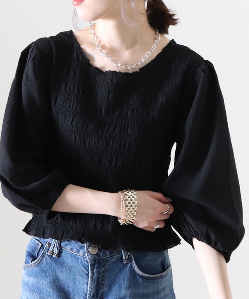 Cheek（チーク）の「無地シャーリングクロス前後２Ｗａｙブラウス（シャツ/ブラウス・レディース・ブラック/キャメル・FREE）」の2枚目の写真