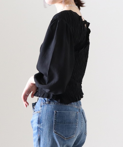 Cheek（チーク）の「無地シャーリングクロス前後２Ｗａｙブラウス（シャツ/ブラウス・レディース・ブラック/キャメル・FREE）」の20枚目の写真