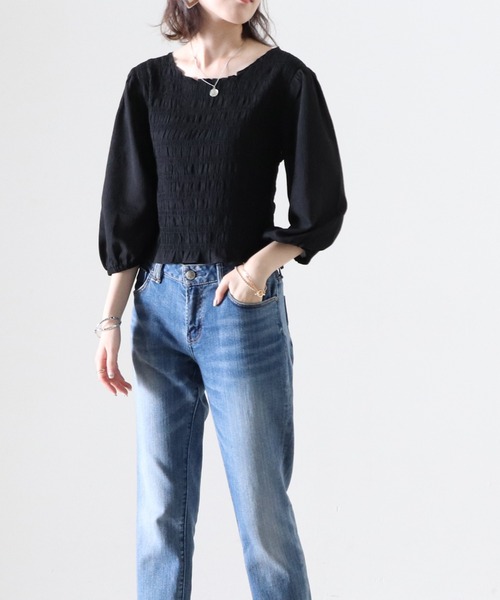 Cheek（チーク）の「無地シャーリングクロス前後２Ｗａｙブラウス（シャツ/ブラウス・レディース・ブラック/キャメル・FREE）」の6枚目の写真