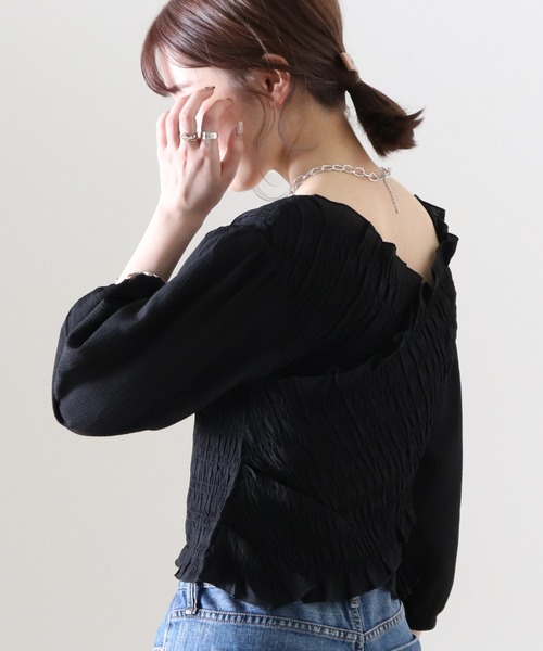 Cheek（チーク）の「無地シャーリングクロス前後２Ｗａｙブラウス（シャツ/ブラウス・レディース・ブラック/キャメル・FREE）」の17枚目の写真