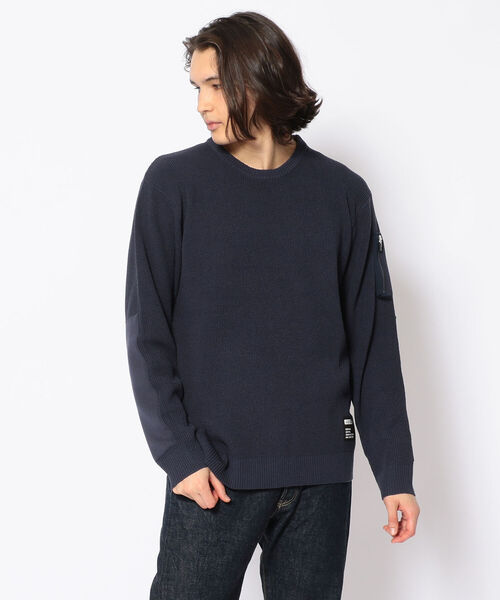 AVIREX（アヴィレックス）の「クルーネック スリーブ ポケット ニット /  CREW NECK SLEEVE POCKET KNIT / アヴィレックス / AVIREX（ニット/セーター・メンズ・ネイビー/ナチュラル/ライトブラウン・MEDIUM/X-LARGE/XX-LARGE/LARGE）」の3枚目の写真