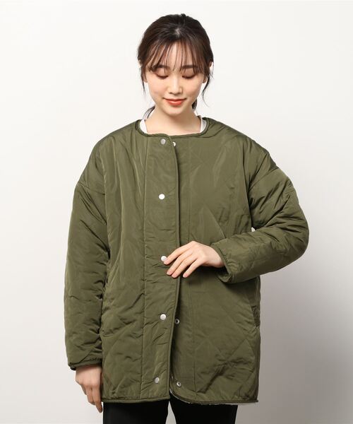 Per sist ence（パーシエンス）の「Per sist ence/パーシエンス　ボア＆キルト リバーシブルノーカラーコート（ノーカラーコート・レディース・ブラック/カーキ/モカ/アイボリー・FREE）」の9枚目の写真