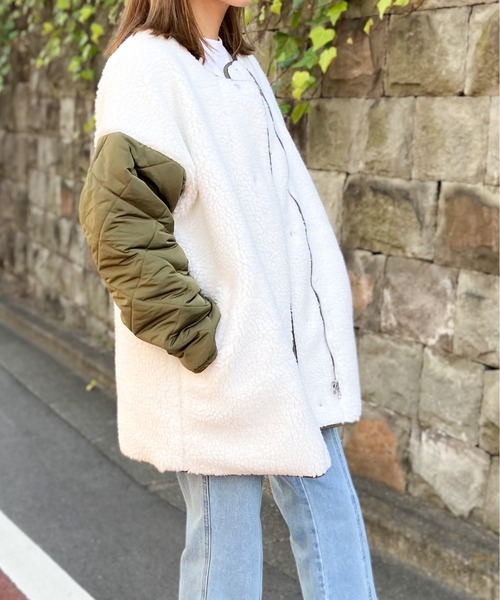 Per sist ence（パーシエンス）の「Per sist ence/パーシエンス　ボア＆キルト リバーシブルノーカラーコート（ノーカラーコート・レディース・ブラック/カーキ/モカ/アイボリー・FREE）」の4枚目の写真