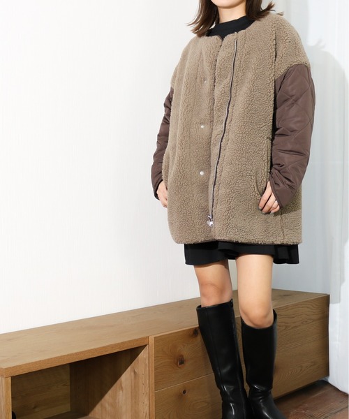 Per sist ence（パーシエンス）の「Per sist ence/パーシエンス　ボア＆キルト リバーシブルノーカラーコート（ノーカラーコート・レディース・ブラック/カーキ/モカ/アイボリー・FREE）」の3枚目の写真