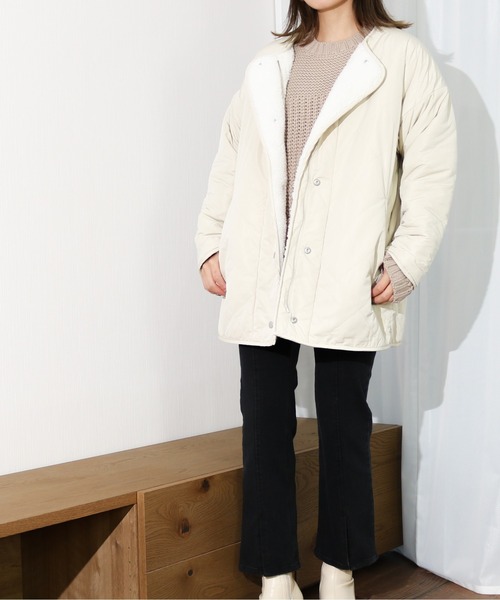 Per sist ence（パーシエンス）の「Per sist ence/パーシエンス　ボア＆キルト リバーシブルノーカラーコート（ノーカラーコート・レディース・ブラック/カーキ/モカ/アイボリー・FREE）」の16枚目の写真