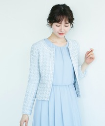 WHITE JOOLA（ホワイトジョーラ）の「【2022SS】ジャガード調MIX織ツィードノーカラージャケット＆シフォンジョーゼットプリーツワンピース2点セットアップ（スーツセット）」