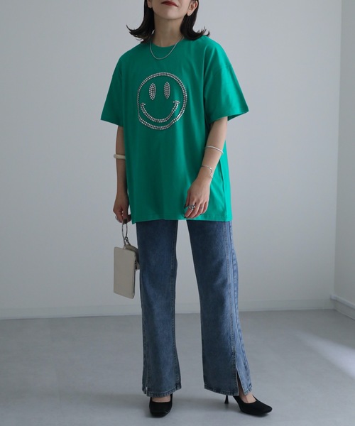 ap retro(アプレトロ)の「ニコちゃんスタッズTEE(Tシャツ/カットソー・レディース・グリーン/アイボリー/ブラック・FREE)」の5枚目の写真
