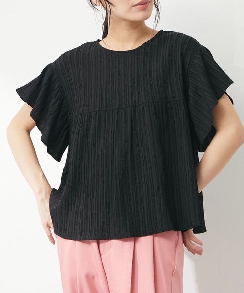 Green　Parks（グリーンパークス）の「シャーリングジャガードフリルブラウス（シャツ/ブラウス・レディース・ブラック/イエロー/アイボリー/ミント・FREE）」の3枚目の写真