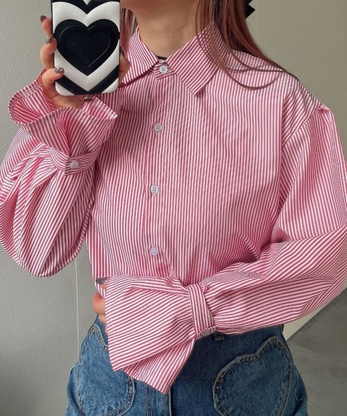 LAC-VERT（ラック・ヴェール）の「【累計販売枚数1万枚突破】フレアスリーブストライプシャツ（シャツ/ブラウス・レディース・ブラック/ブルー/ピンク/レッド/グリーン・FREE）」の18枚目の写真