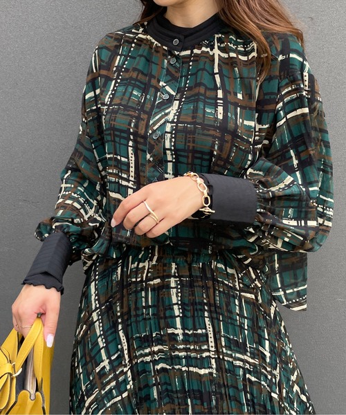 StyleSea（スタイルシー）の「2wayチェックプリントブラウス（シャツ/ブラウス・レディース・グリーン/モカ・FREE）」の3枚目の写真
