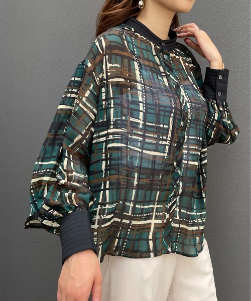 StyleSea（スタイルシー）の「2wayチェックプリントブラウス（シャツ/ブラウス・レディース・グリーン/モカ・FREE）」の5枚目の写真