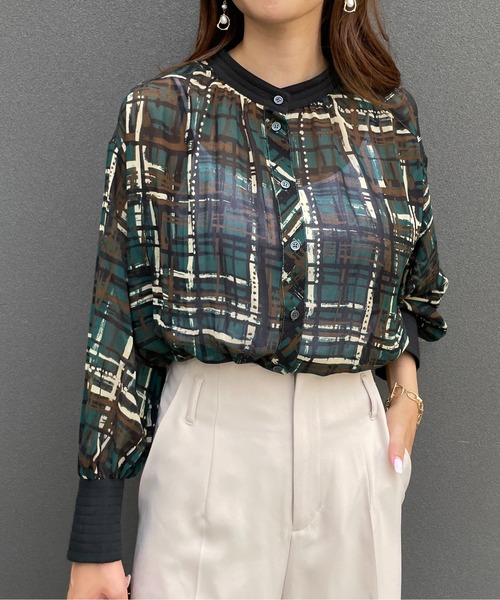 StyleSea（スタイルシー）の「2wayチェックプリントブラウス（シャツ/ブラウス・レディース・グリーン/モカ・FREE）」の6枚目の写真