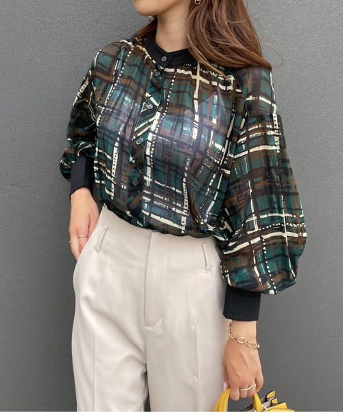 StyleSea（スタイルシー）の「2wayチェックプリントブラウス（シャツ/ブラウス・レディース・グリーン/モカ・FREE）」の16枚目の写真