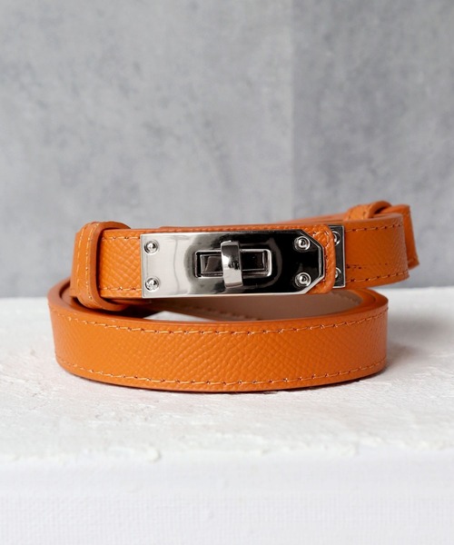 オレンジ レザー ベルト 装飾バックル セール】【無段階調節可能】【牛革】ターンロックデザイン