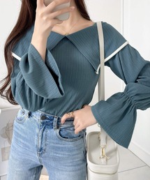 【mily bilet】大人のフレンチガーリー。バイカラーラッフルキャンディスリーブトップス
