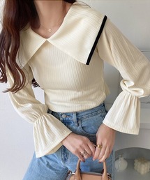 mily bilet（ミウィビレット）の「【mily bilet】大人のフレンチガーリー。バイカラーラッフルキャンディスリーブトップス（シャツ/ブラウス）」