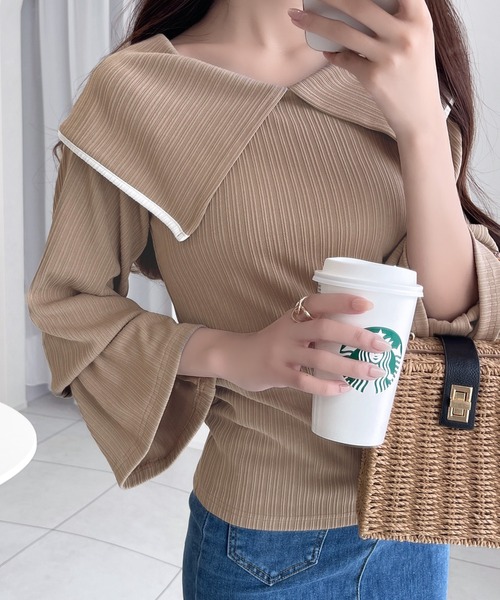 mily bilet（ミウィビレット）の「【mily bilet】大人のフレンチガーリー。バイカラーラッフルキャンディスリーブトップス（シャツ/ブラウス・レディース・ベージュ/アイボリー/ブラック/ブルー/ベージュ系その他・LARGE/MEDIUM/SMALL/X-LARGE）」の13枚目の写真