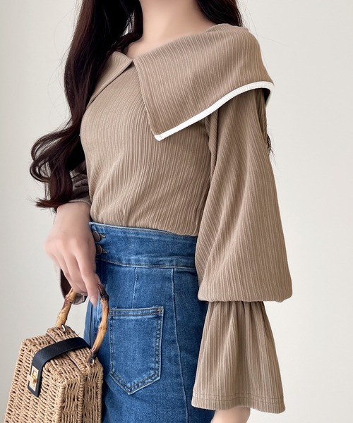 mily bilet（ミウィビレット）の「【mily bilet】大人のフレンチガーリー。バイカラーラッフルキャンディスリーブトップス（シャツ/ブラウス・レディース・ベージュ/アイボリー/ブラック/ブルー/ベージュ系その他・LARGE/MEDIUM/SMALL/X-LARGE）」の14枚目の写真