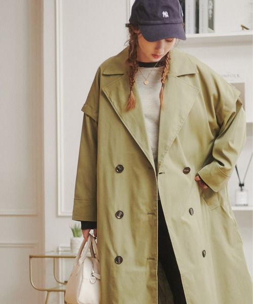 ANGIE（アンジー）の「2WAYダブルオーバーコート/ロングジレ（トレンチコート・レディース・アイボリー/ブラック/カーキ/ベージュ・FREE）」の4枚目の写真