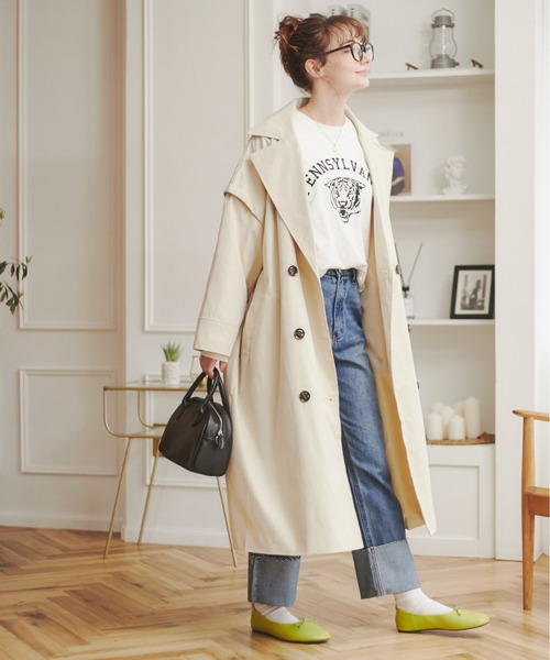 ANGIE（アンジー）の「2WAYダブルオーバーコート/ロングジレ（トレンチコート・レディース・アイボリー/ブラック/カーキ/ベージュ・FREE）」の18枚目の写真