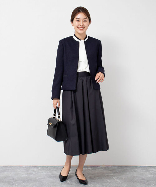 美品✨ ノーリーズ ノーカラージャケット ラメ ツイード ネイビー 近年 洗える セール】◇【WEB限定】ラメツイードストレッチクルーネックジャケット