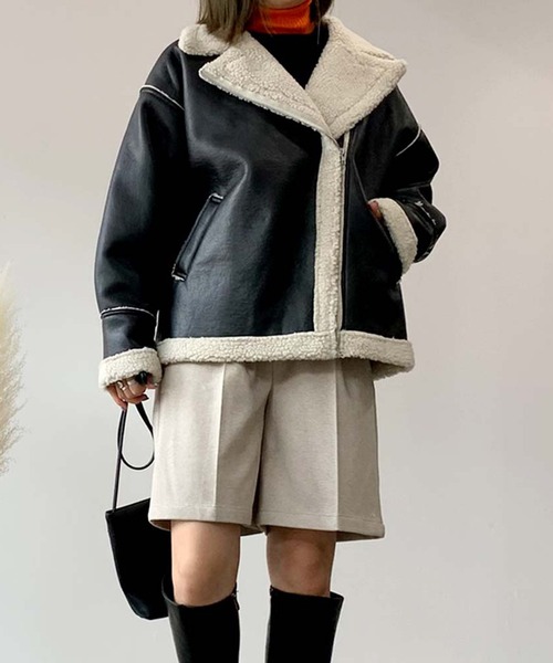 STYLEBLOCK（スタイルブロック）の「フェイクレザームートンライダース（ライダースジャケット・レディース・ブラウン/ブラック/アイボリー・FREE）」の2枚目の写真