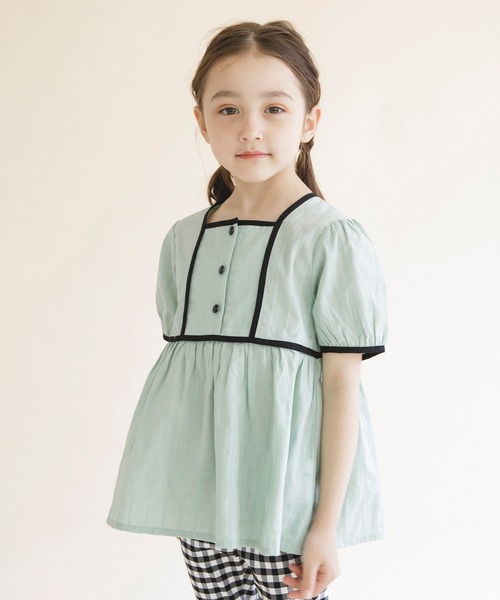 BRANSHES(ブランシェス)の「【プチレディ】配色パイピング半袖ブラウス(シャツ/ブラウス・キッズ・ピンク/ライトグリーン・100/150/110/130/140/120)」の1枚目の写真