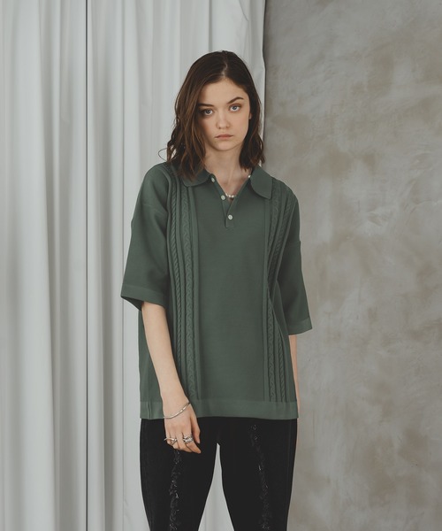selle glant（セレグランテ）の「CABLE LINE KNIT POLO/ケーブルラインポロニット（ポロシャツ・メンズ・オフホワイト/グリーン・LARGE/MEDIUM）」の2枚目の写真