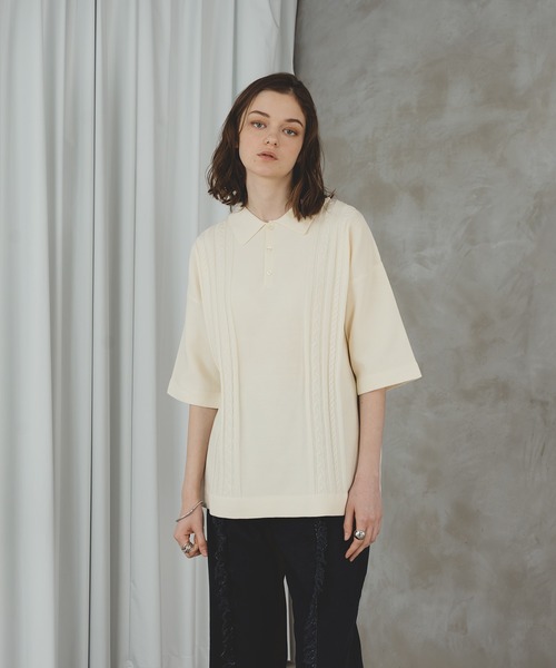 selle glant（セレグランテ）の「CABLE LINE KNIT POLO/ケーブルラインポロニット（ポロシャツ・メンズ・オフホワイト/グリーン・LARGE/MEDIUM）」の6枚目の写真