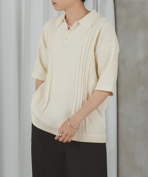 selle glant（セレグランテ）の「CABLE LINE KNIT POLO/ケーブルラインポロニット（ポロシャツ・メンズ・オフホワイト/グリーン・LARGE/MEDIUM）」の15枚目の写真