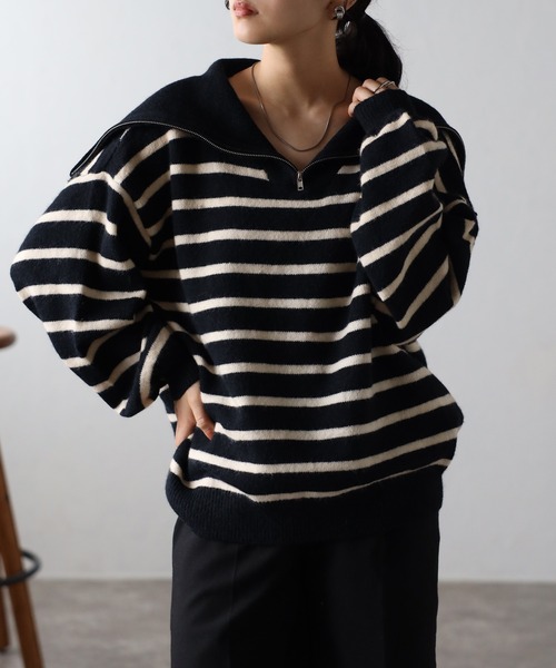 amini(アミニ)の「【2023 A/W新作】セーラーカラーハーフジップボーダートップス(ニット/セーター・レディース・ブラウン系/ホワイト×ブラック/ブラック×ホワイト・MEDIUM)」の3枚目の写真