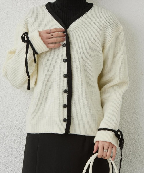 MAISON DE THERESE(メゾン ド テレーズ)の「配色パイピングニットカーディガン リボン袖(カーディガン/ボレロ・レディース・グレー/モカ/アイボリー・FREE)」の7枚目の写真