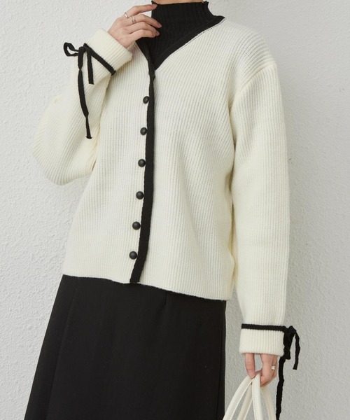 MAISON DE THERESE(メゾン ド テレーズ)の「配色パイピングニットカーディガン リボン袖(カーディガン/ボレロ・レディース・グレー/モカ/アイボリー・FREE)」の8枚目の写真