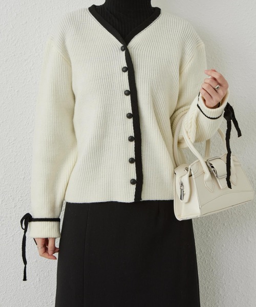 MAISON DE THERESE(メゾン ド テレーズ)の「配色パイピングニットカーディガン リボン袖(カーディガン/ボレロ・レディース・グレー/モカ/アイボリー・FREE)」の9枚目の写真