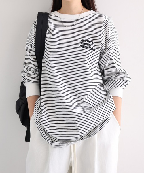 ANME(アンメ)の「ANMEエンブロイダリーロゴボーダー長袖Tシャツ(Tシャツ/カットソー・レディース・ネイビー×ホワイト/ブラック×ホワイト/ホワイト×ブラック・M/L)」の2枚目の写真