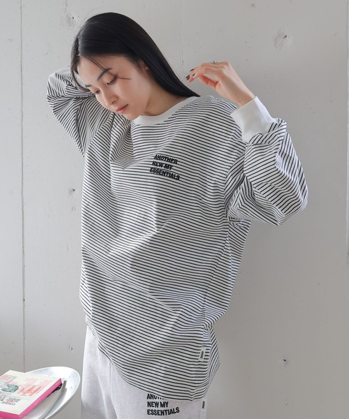 ANME(アンメ)の「ANMEエンブロイダリーロゴボーダー長袖Tシャツ(Tシャツ/カットソー・レディース・ネイビー×ホワイト/ブラック×ホワイト/ホワイト×ブラック・M/L)」の5枚目の写真