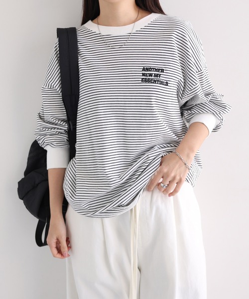 ANME(アンメ)の「ANMEエンブロイダリーロゴボーダー長袖Tシャツ(Tシャツ/カットソー・レディース・ネイビー×ホワイト/ブラック×ホワイト/ホワイト×ブラック・M/L)」の6枚目の写真