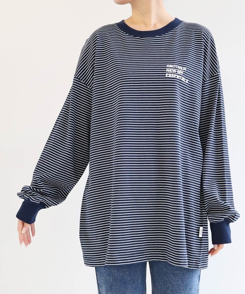 ANME(アンメ)の「ANMEエンブロイダリーロゴボーダー長袖Tシャツ(Tシャツ/カットソー・レディース・ネイビー×ホワイト/ブラック×ホワイト/ホワイト×ブラック・M/L)」の14枚目の写真