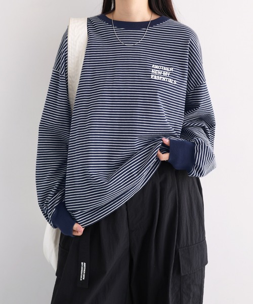 ANME(アンメ)の「ANMEエンブロイダリーロゴボーダー長袖Tシャツ(Tシャツ/カットソー・レディース・ネイビー×ホワイト/ブラック×ホワイト/ホワイト×ブラック・M/L)」の11枚目の写真