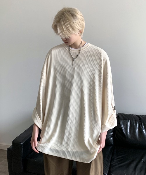 FVLMEN(フルメン)の「【FVLMEN】pleats stripe buckle design rollup halfsleeve tee/プリーツ ストライプ バックル デザイン ロールアップ ハーフスリーブ T(Tシャツ/カットソー・メンズ・グレー/ブラウン/ブラック/アイボリー・X-LARGE/LARGE/MEDIUM)」の12枚目の写真