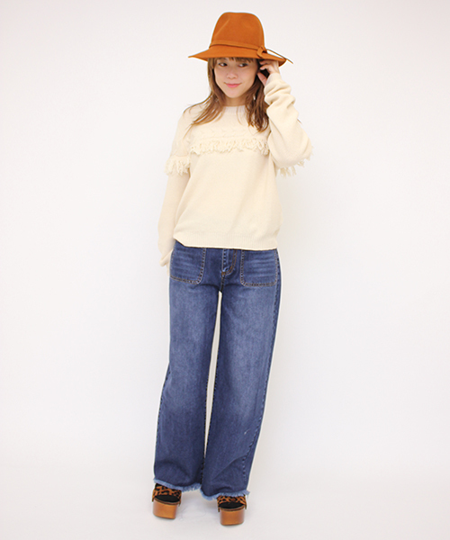 mystic（ミスティック）の「【mystic】フリンジ切替KNITプルオーバー（ニット/セーター・レディース・アイボリー/ブラック/チャコールグレー/キャメル/レンガ・ﾌﾘ-）」の13枚目の写真