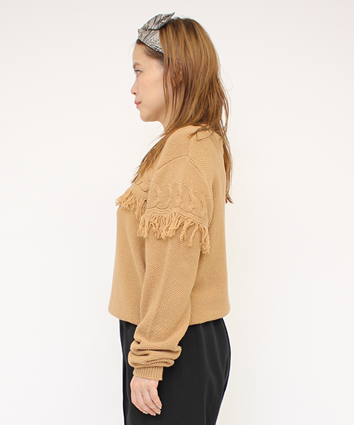 mystic（ミスティック）の「【mystic】フリンジ切替KNITプルオーバー（ニット/セーター・レディース・アイボリー/ブラック/チャコールグレー/キャメル/レンガ・ﾌﾘ-）」の8枚目の写真