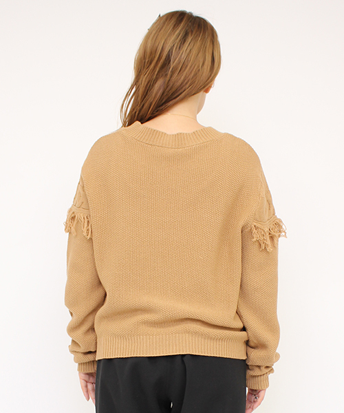 mystic（ミスティック）の「【mystic】フリンジ切替KNITプルオーバー（ニット/セーター・レディース・アイボリー/ブラック/チャコールグレー/キャメル/レンガ・ﾌﾘ-）」の9枚目の写真