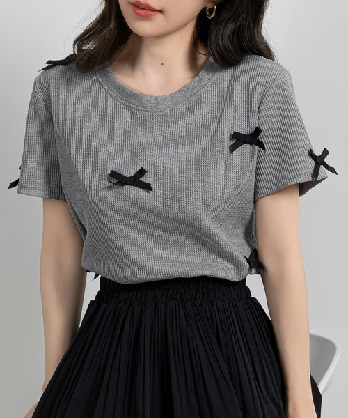 DAY CLOSET（デイ クローゼット）の「レディース 半袖リボンワッフルクロップドTシャツ（Tシャツ/カットソー・レディース・アイボリー/ブラック/ブルー/グレー・FREE）」の16枚目の写真