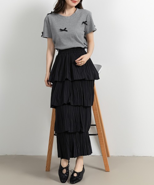 DAY CLOSET（デイ クローゼット）の「レディース 半袖リボンワッフルクロップドTシャツ（Tシャツ/カットソー・レディース・アイボリー/ブラック/ブルー/グレー・FREE）」の21枚目の写真