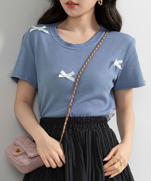 DAY CLOSET（デイ クローゼット）の「レディース 半袖リボンワッフルクロップドTシャツ（Tシャツ/カットソー・レディース・アイボリー/ブラック/ブルー/グレー・FREE）」の10枚目の写真