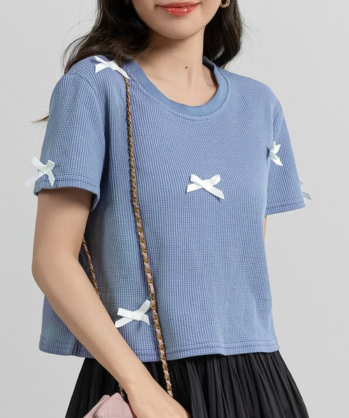 DAY CLOSET（デイ クローゼット）の「レディース 半袖リボンワッフルクロップドTシャツ（Tシャツ/カットソー・レディース・アイボリー/ブラック/ブルー/グレー・FREE）」の11枚目の写真