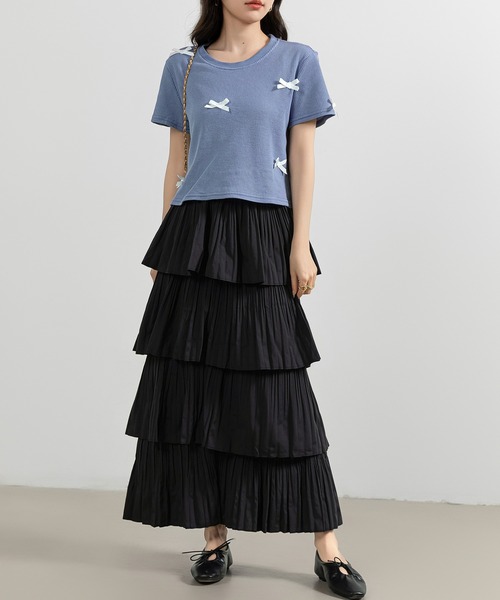 DAY CLOSET（デイ クローゼット）の「レディース 半袖リボンワッフルクロップドTシャツ（Tシャツ/カットソー・レディース・アイボリー/ブラック/ブルー/グレー・FREE）」の14枚目の写真