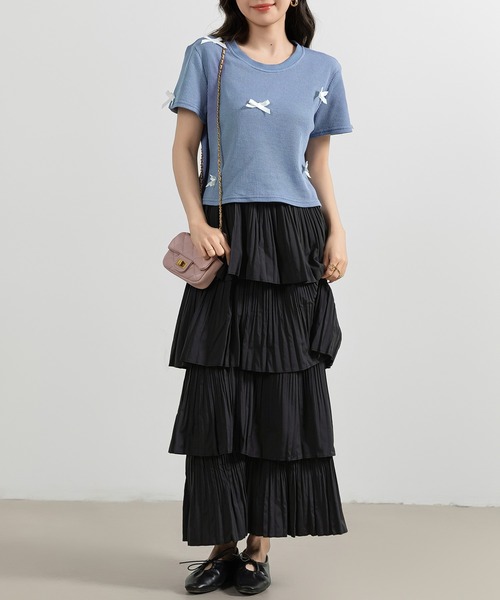 DAY CLOSET（デイ クローゼット）の「レディース 半袖リボンワッフルクロップドTシャツ（Tシャツ/カットソー・レディース・アイボリー/ブラック/ブルー/グレー・FREE）」の15枚目の写真