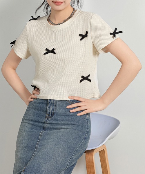 DAY CLOSET（デイ クローゼット）の「レディース 半袖リボンワッフルクロップドTシャツ（Tシャツ/カットソー・レディース・アイボリー/ブラック/ブルー/グレー・FREE）」の22枚目の写真